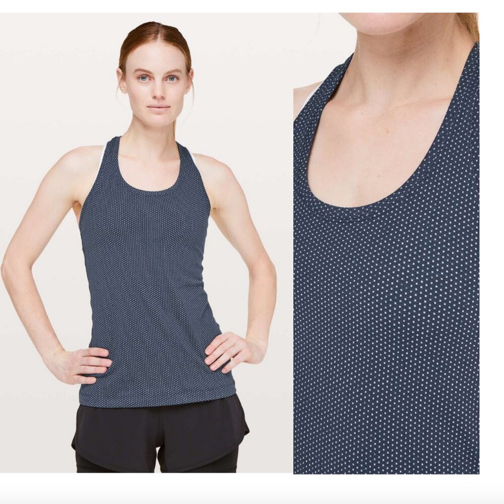 LULULEMON Cool Racerback II sz 14 Pacific Pointe True Navy polka dot EUC